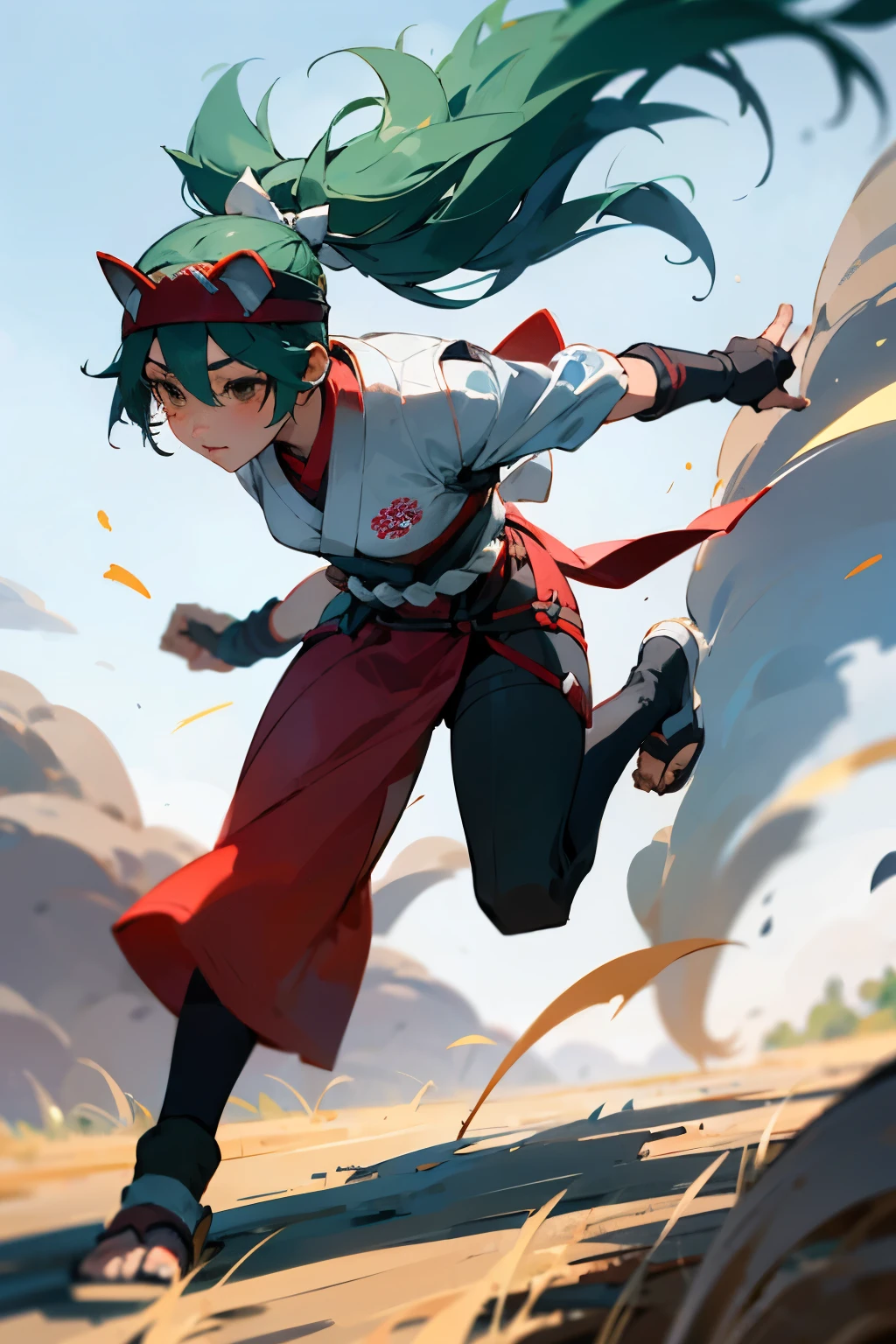 kiriko from overwatch, young shinobi girl, short ponytail hair, jade green hair, brown eyes, naruto konoha headband, full body, kiriko outfit, running in day field holding a blue sphere power