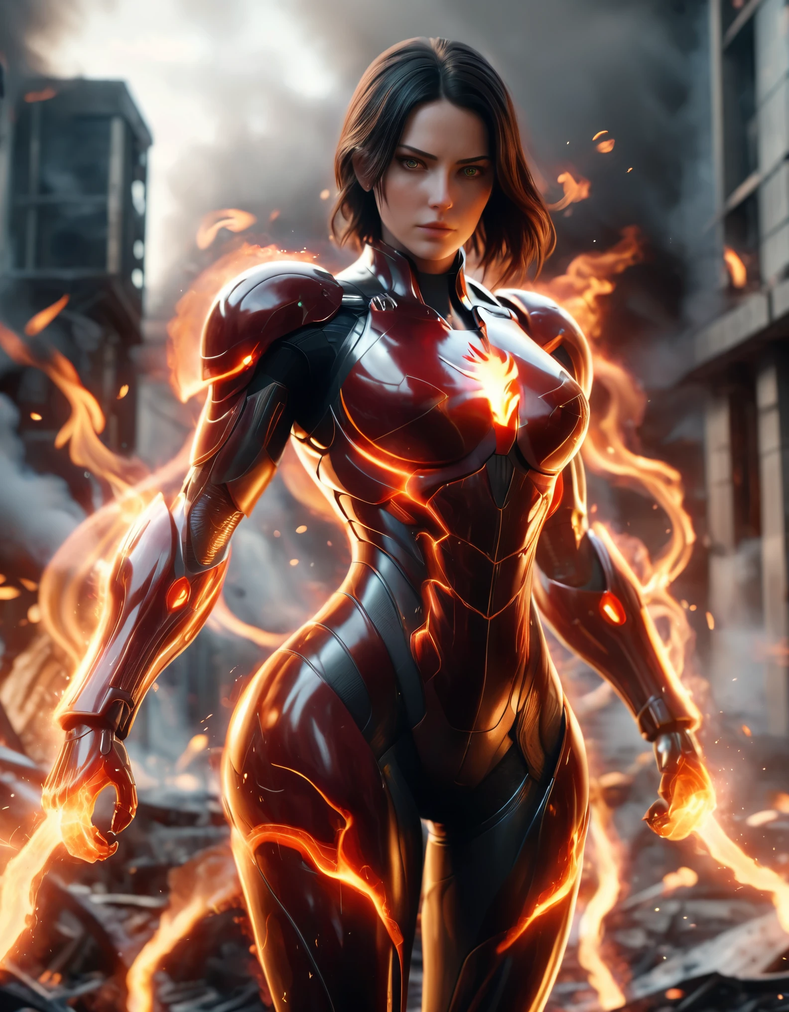 a dynamic and intense scene featuring a fierce-looking female character with flowing dark hair, dressed in a futuristic, armored bodysuit. The suit is primarily red with metallic accents, designed with intricate details and a high-tech appearance. The character is emanating powerful flames from her outstretched hand, with fire swirling around her, indicating that she possesses pyrokinesis or fire-related abilities. The background suggests an industrial or futuristic setting with muted tones, highlighting the fiery action in the foreground. The character's determined expression and the vivid depiction of flames create a sense of urgency and power. photo realistic, 8k, super vibrant color, distant full body shot, (complementary colors:1.2), (sharp focus:1.1), (Unreal Engine 5:1.2), (CGI:1.2), (high quality:1.2), (4K:1.1), (volumetric lighting:1.2), (highly detailed:1.3), (bloom:1.1), (micro details:1.2), (masterpiece:1.3), (luminescent:1.1), (aesthetic:1.3), (beautiful:1.3), (HDR:1.2), (dynamic composition:1.2), (captivating atmosphere:1.2), (immersive experience:1.3), (innovative design:1.2), (cinematic excellence:1.3), (timeless elegance:1.1), (visual storytelling:1.2), (technological marvel:1.2), (artistic finesse:1.3), (ethereal beauty:1.1), (creative brilliance:1.2)