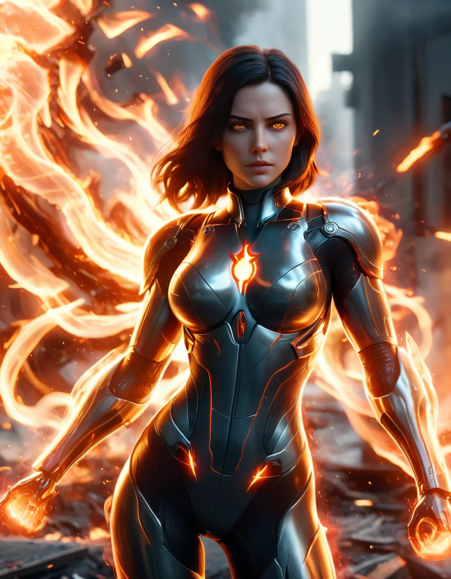 a dynamic and intense scene featuring a fierce-looking female character with flowing dark hair, dressed in a futuristic, armored bodysuit. The suit is primarily red with metallic accents, designed with intricate details and a high-tech appearance. The character is emanating powerful flames from her outstretched hand, with fire swirling around her, indicating that she possesses pyrokinesis or fire-related abilities. The background suggests an industrial or futuristic setting with muted tones, highlighting the fiery action in the foreground. The character's determined expression and the vivid depiction of flames create a sense of urgency and power. photo realistic, 8k, super vibrant color, distant full body shot, (complementary colors:1.2), (sharp focus:1.1), (Unreal Engine 5:1.2), (CGI:1.2), (high quality:1.2), (4K:1.1), (volumetric lighting:1.2), (highly detailed:1.3), (bloom:1.1), (micro details:1.2), (masterpiece:1.3), (luminescent:1.1), (aesthetic:1.3), (beautiful:1.3), (HDR:1.2), (dynamic composition:1.2), (captivating atmosphere:1.2), (immersive experience:1.3), (innovative design:1.2), (cinematic excellence:1.3), (timeless elegance:1.1), (visual storytelling:1.2), (technological marvel:1.2), (artistic finesse:1.3), (ethereal beauty:1.1), (creative brilliance:1.2)