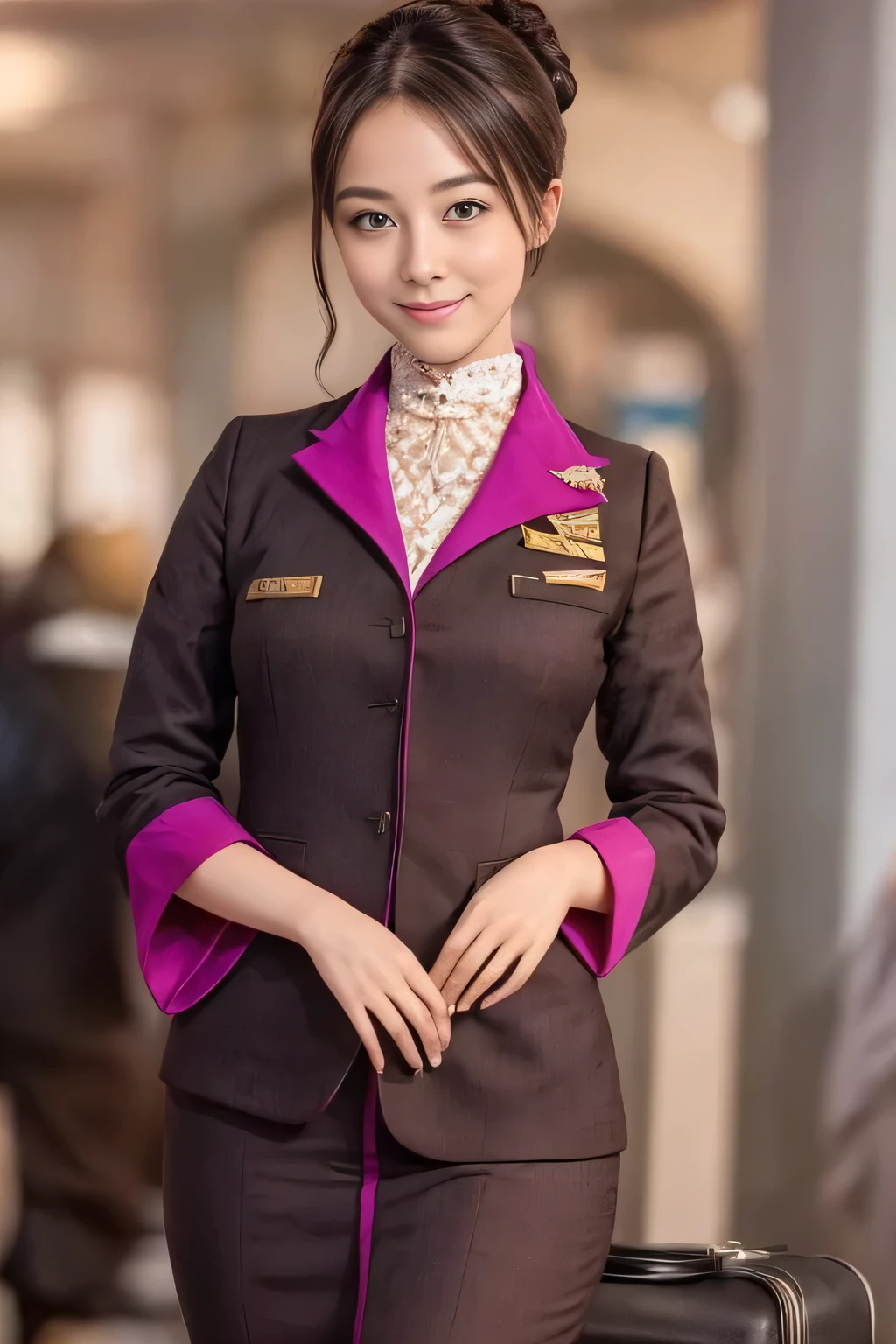 (masterpiece:1.2、highest quality:1.2)、32K HDR、High resolution、(alone、1 girl、Slim figure)、（A realistic reproduction of the ETIHAD Airways Cabincrew Uniform）、 (At the airport counter, Professional Lighting)、Airport counter wall background、A proper woman, Beautiful Face,、（Long sleeve ETIHAD Airways Cabincrew Uniform）、（ETIHAD Airways Cabincrew Uniform skirt with purple stripe on the front）、（scarf on chest）、Big Breasts、（Long Hair Up、Hair Bun）、Dark brown hair、Long Shot、（（Great hands：2.0））、（（Harmonious body proportions：1.5））、（（Normal limbs：2.0））、（（Normal finger：2.0））、（（Delicate eyes：2.0））、（（Normal eyes：2.0））)、Beautiful standing posture、smile、Place your hands around your stomach