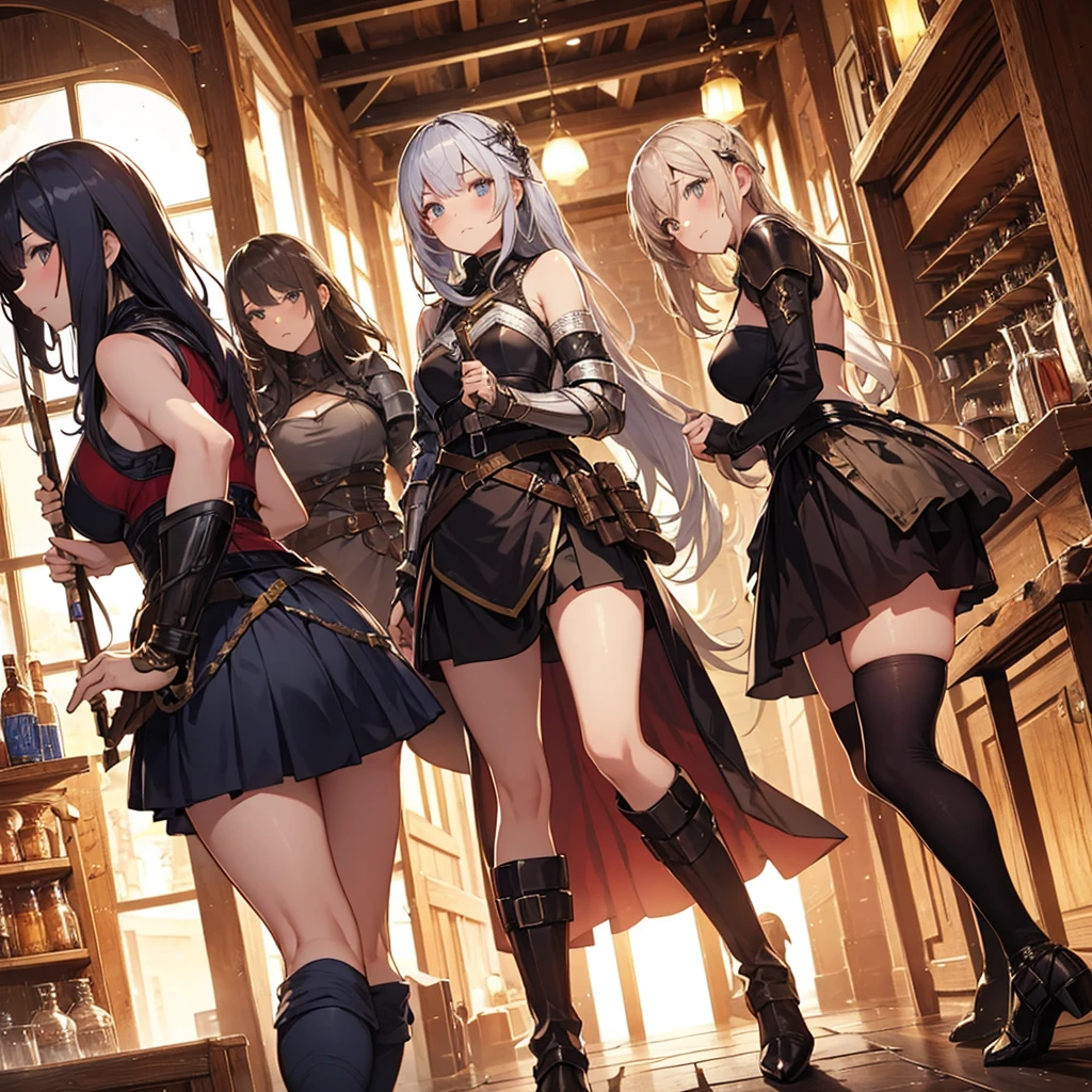 A group of  female medieval fantasy adventurers, (in tavern), various hair styles, harem, night, details face, short skirt, seducing, sleeveless, armor 