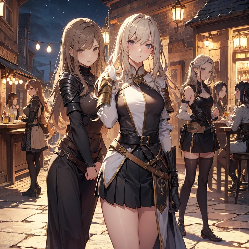 A group of female medieval fantasy adventurers, (in tavern), various hair styles, harem, night, details face, short skirt, seducing, sleeveless, armor