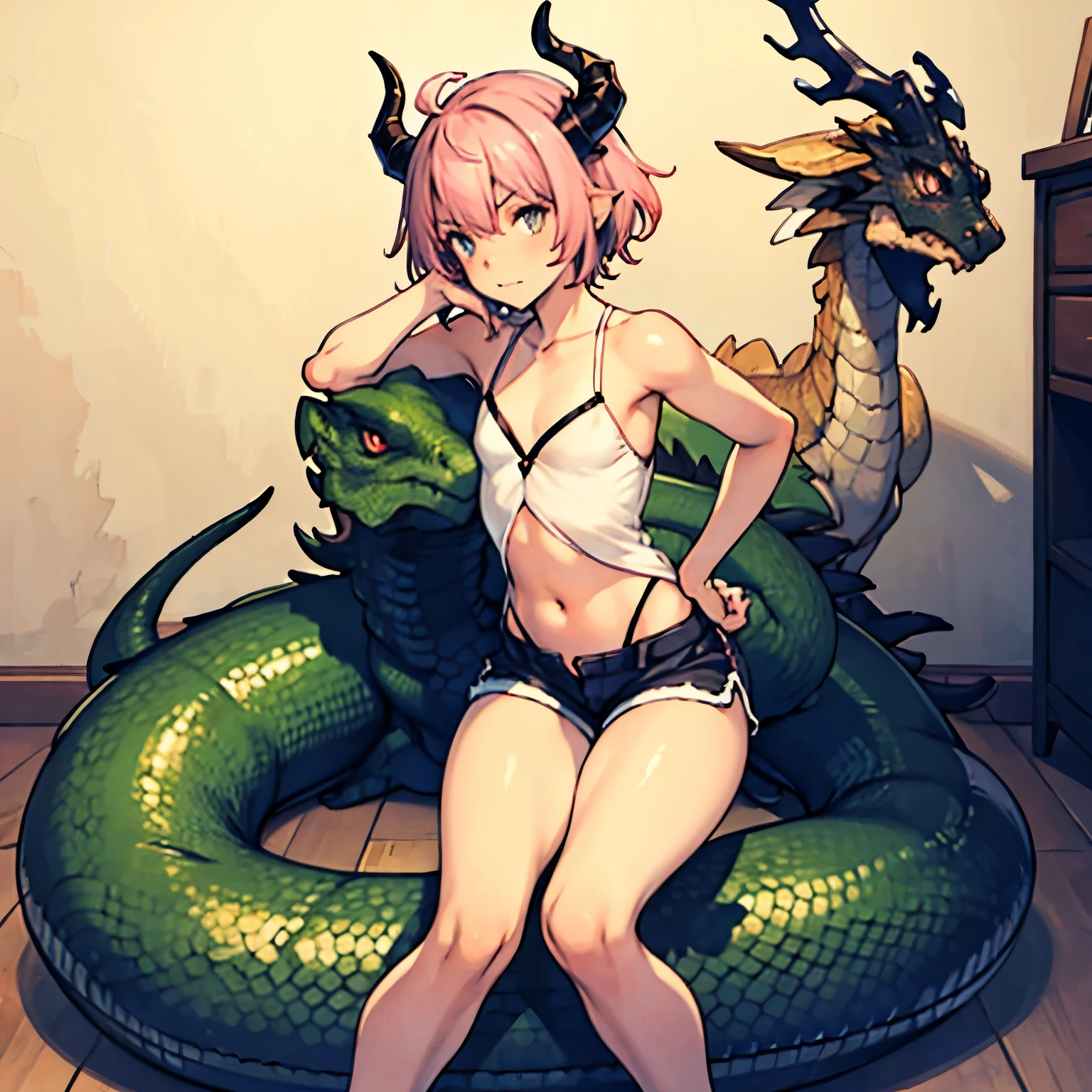 small male femboy with pink hair and dragon horns in shorts