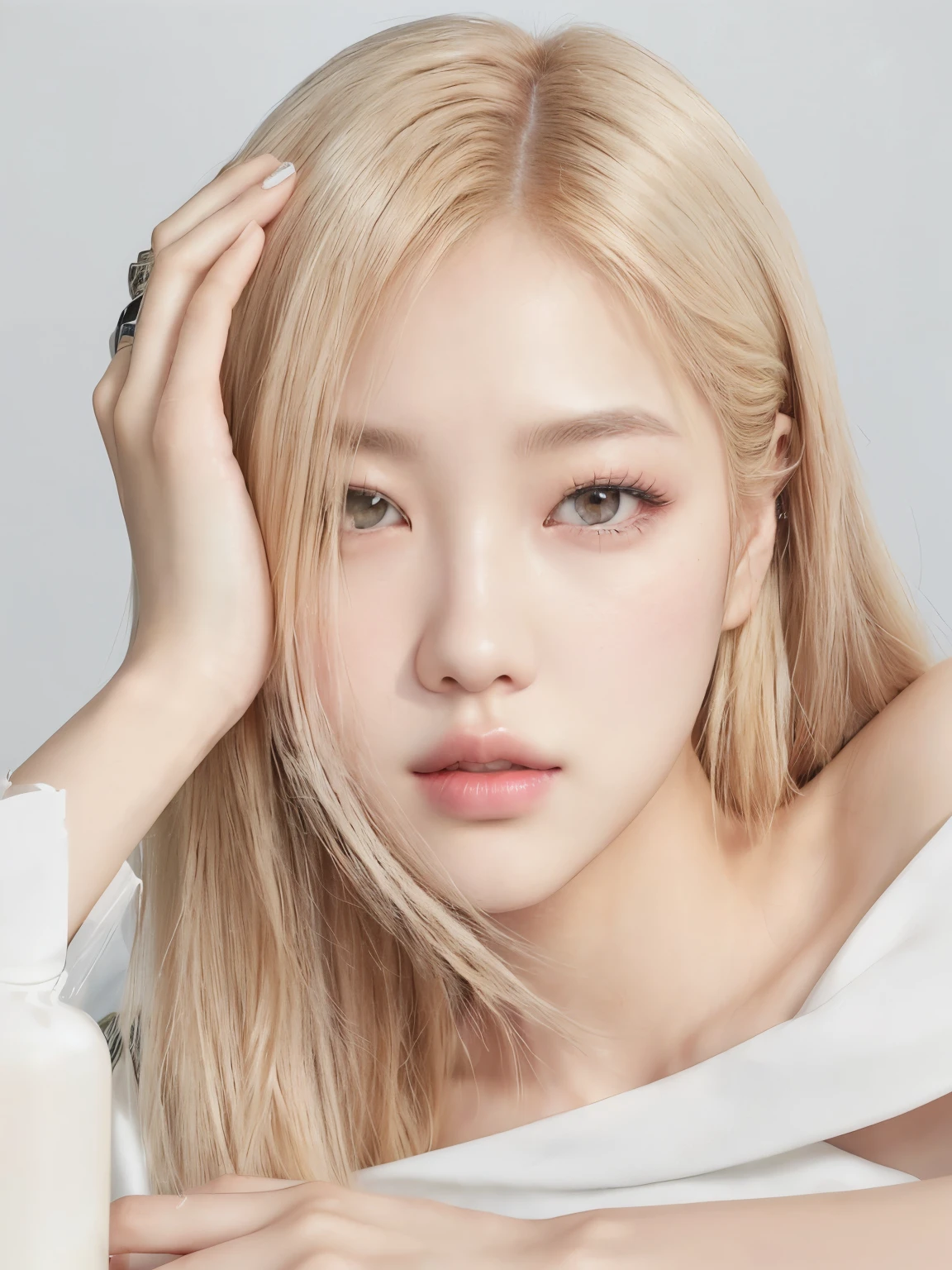 a close up of a woman with long blonde hair holding a bottle of cream, roseanne park of blackpink, jossi of blackpink, portrait of jossi of blackpink, portrait jisoo blackpink, popular south korean makeup, popular korean makeup, jisoo of blackpink, jisoo from blackpink, blackpink, white hair color, jia, lalisa manobal, lalisa manoban of blackpink, roseanne park, park chaeyoung, BLACKPINK ROSE, rosé portrait