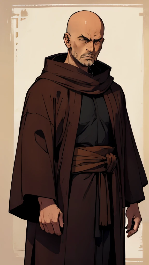 OLD monk in simple and poor brown monk's robe, bald face, sad
