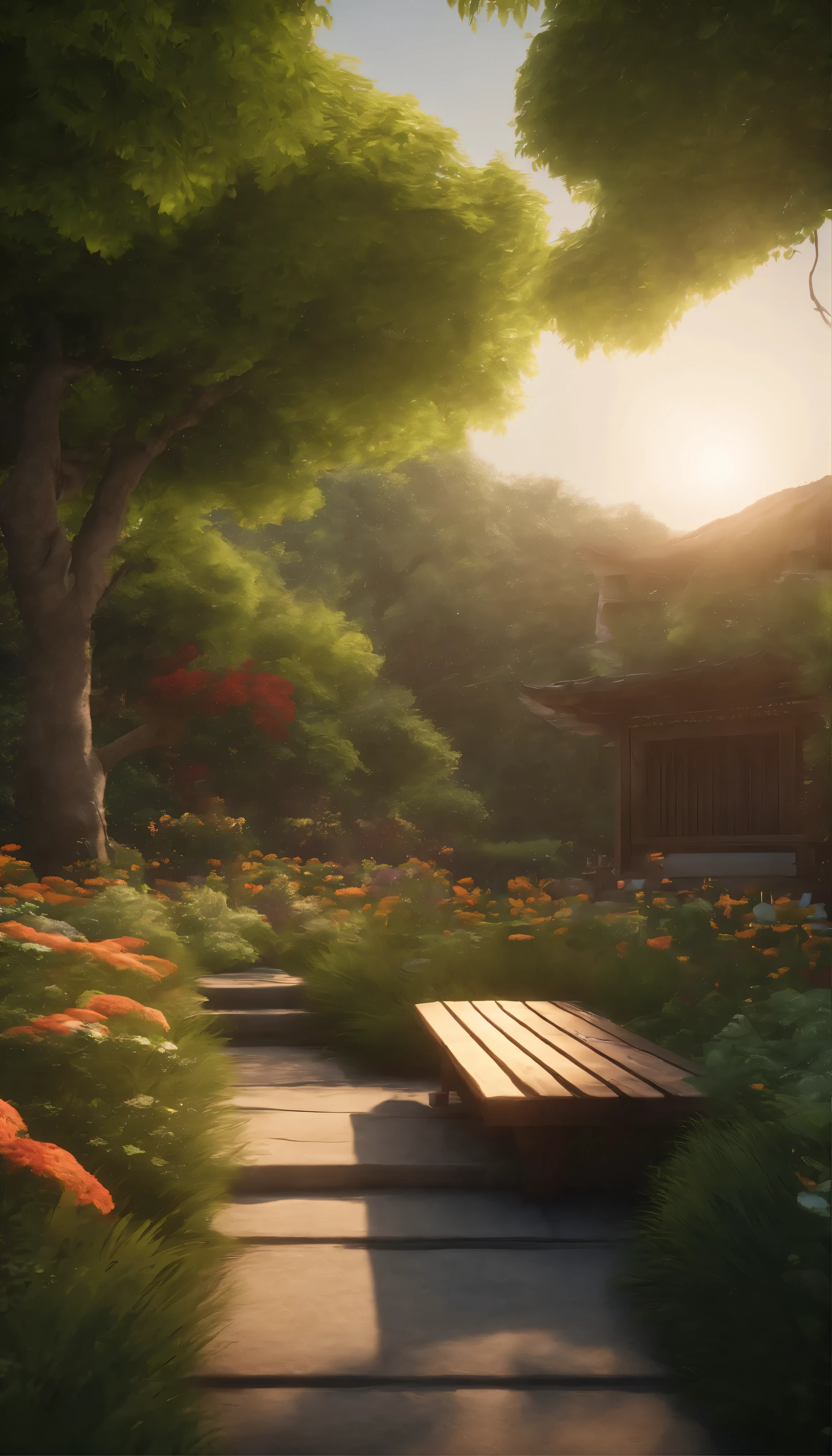 Pixel Art、Serene Garden、Colorful flowers、Gentle creek、Vibrant fauna、Quiet atmosphere、detailed、Vibrant、4K、HDR、Sunlight filtering through the leaves、Soft Shadows、Clean lines、Intricate details、Pixel Art Style、highest quality、Realistic rendering、Super detailed、Calm Tones、atmosphere、peace、Close-up of a blooming flower、wood々The distant silhouette of、Focus on nature's small wonders、wildlife、Birds chirping、Leaves rustle、 Calm colors、A harmonious composition、Central Perspective、Minimalist design、Abstract and comfortable bench invites the viewer to sit and relax、Gently shake the grass
