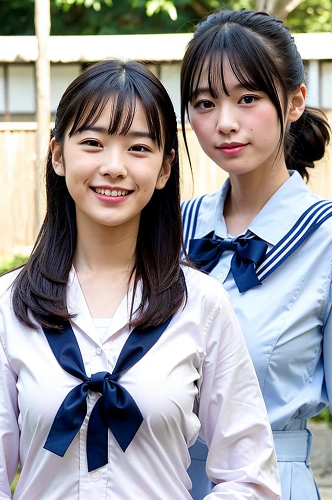 Two girls standing in an old Japanese schoolyard,White sailor shirt with bow tie,Indigo Hakamashita,A small dark red ribbon in her hair,18-year-old,bangs,Smile a little,Low Ponytail,From below,Big Breasts,(Holding a condom:1.2)