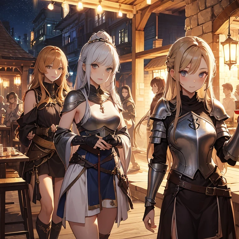 A group of  female medieval fantasy adventurers, (in tavern), various hair styles, harem, night, details face, short skirt, seducing, sleeveless, armor 