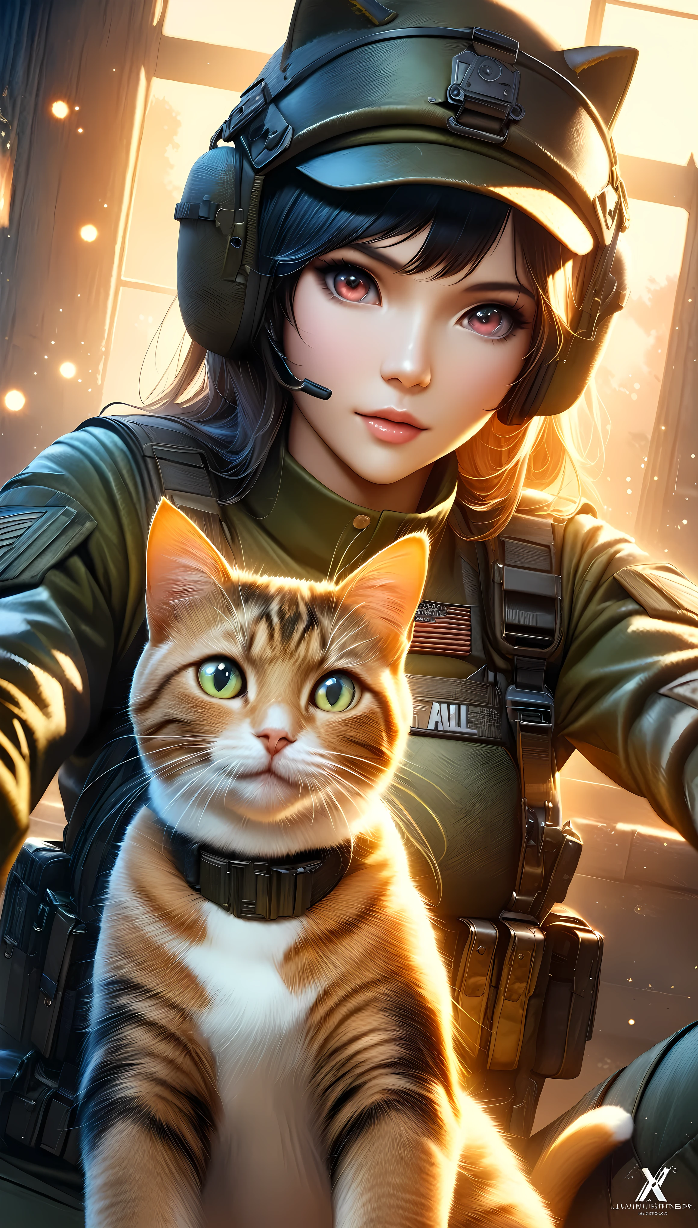 ((Masterpiece in maximum 16K resolution):1.6),((soft_color_illustration):1.5), ((Ultra-Detailed):1.4),((Movie-like still images and dynamic angles):1.3). | ((cinematic anime illustration of beautiful female soldier with her cat):1.2), ((Beautiful female soldier):1.1), ((cute cat ):1.2), ((female soldier uniform):1.3), (cinematic anime illustration), (luminous object), (tyndall effect), (warm atmosphere), (shimmer), (aesthetic anime background), (visual experience),(Realism), (Realistic),award-winning illustration, extremely detailed, Digital Art, rtx, Unreal Engine. | Rendered in ultra-high definition with UHD and retina quality, this masterpiece ensures anatomical correctness and textured skin with super detail. With a focus on high quality and accuracy, this award-winning illustration captures every nuance in stunning 16k resolution, immersing viewers in its lifelike depiction. | ((perfect_composition, perfect_design, perfect_layout, perfect_detail, ultra_detailed)), ((enhance_all, fix_everything)), More Detail, Enhance.
