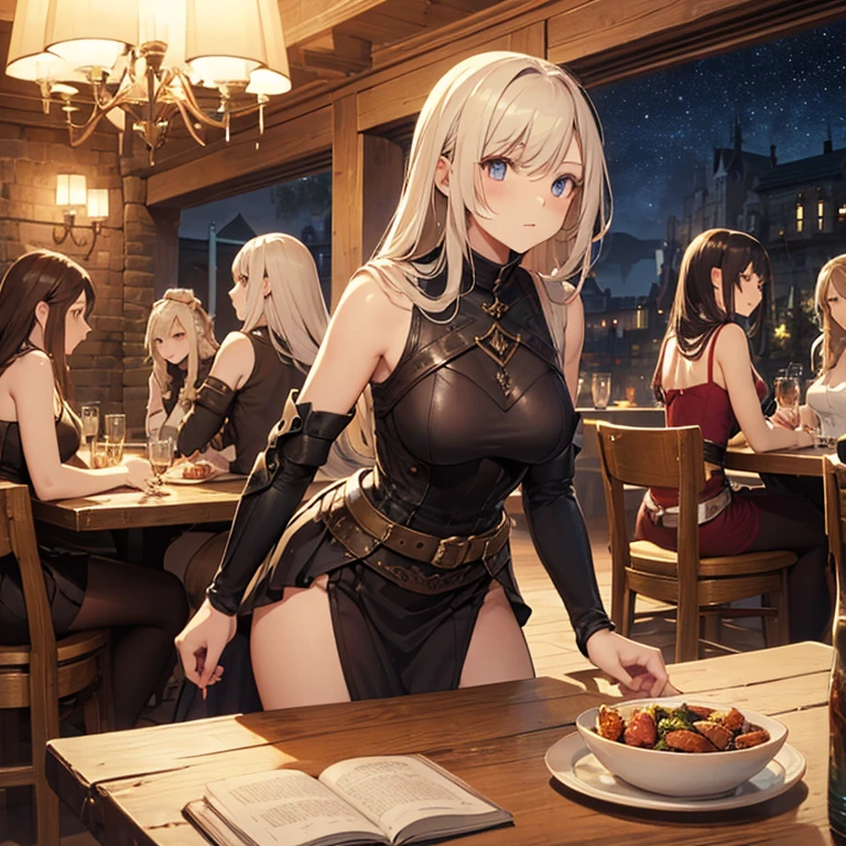 A group of  female medieval fantasy adventurers, (in tavern), various hair styles, harem, night, details face, short skirt, seducing, sleeveless, armor 