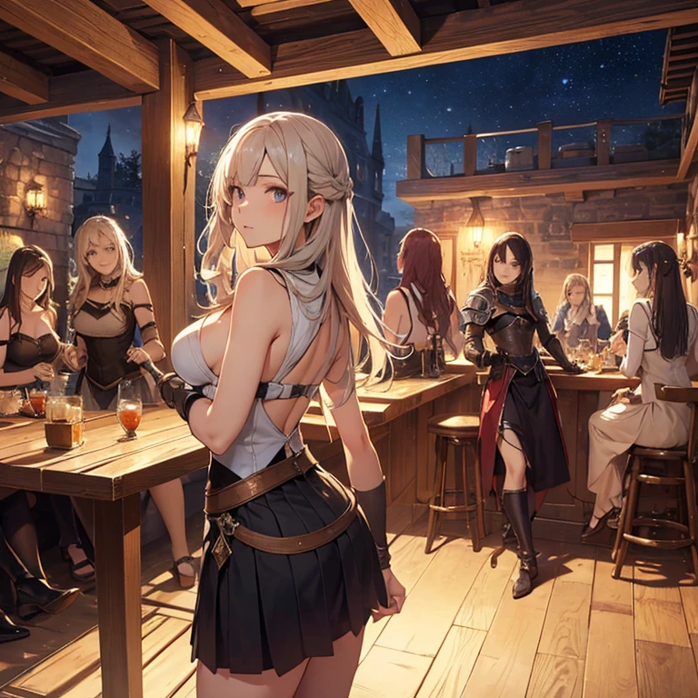 A group of  female medieval fantasy adventurers, (in tavern), various hair styles, harem, night, details face, short skirt, seducing, sleeveless, armor 