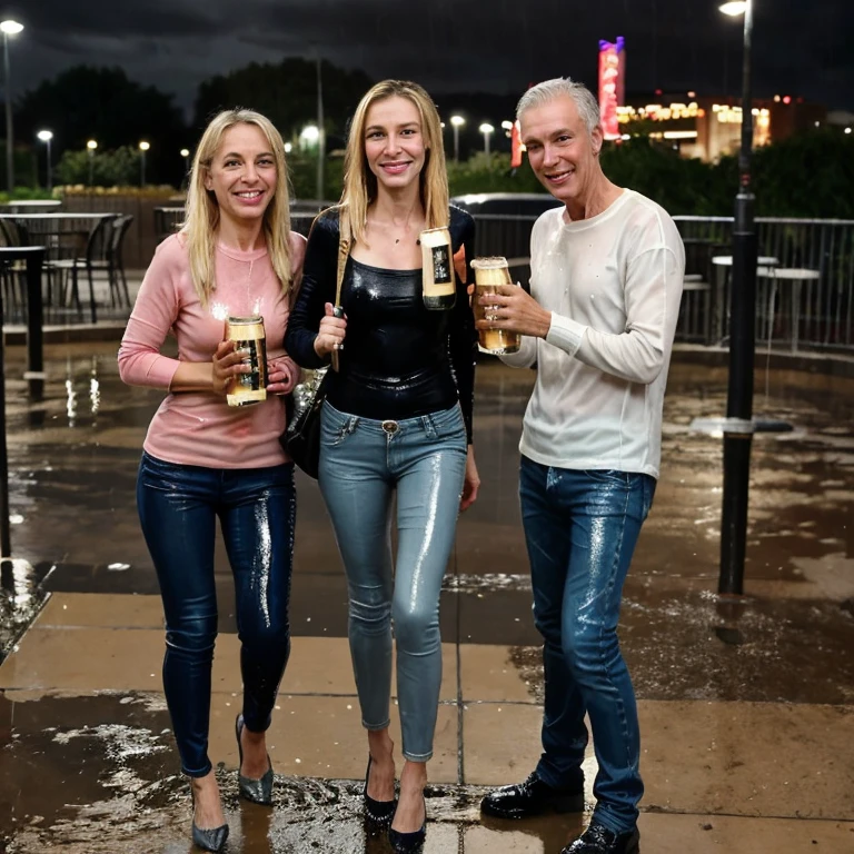 group photo, 40 year old woman, blonde, skinny jeans, outside at night, soakingwetclothes, high heel pumps, big smiles, ((drinking beer)), standing in the rain