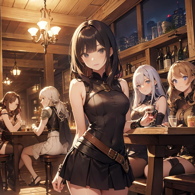 A group of female medieval fantasy adventurers, (in tavern), various hair styles, harem, night, details face, short skirt, seducing, sleeveless, armor