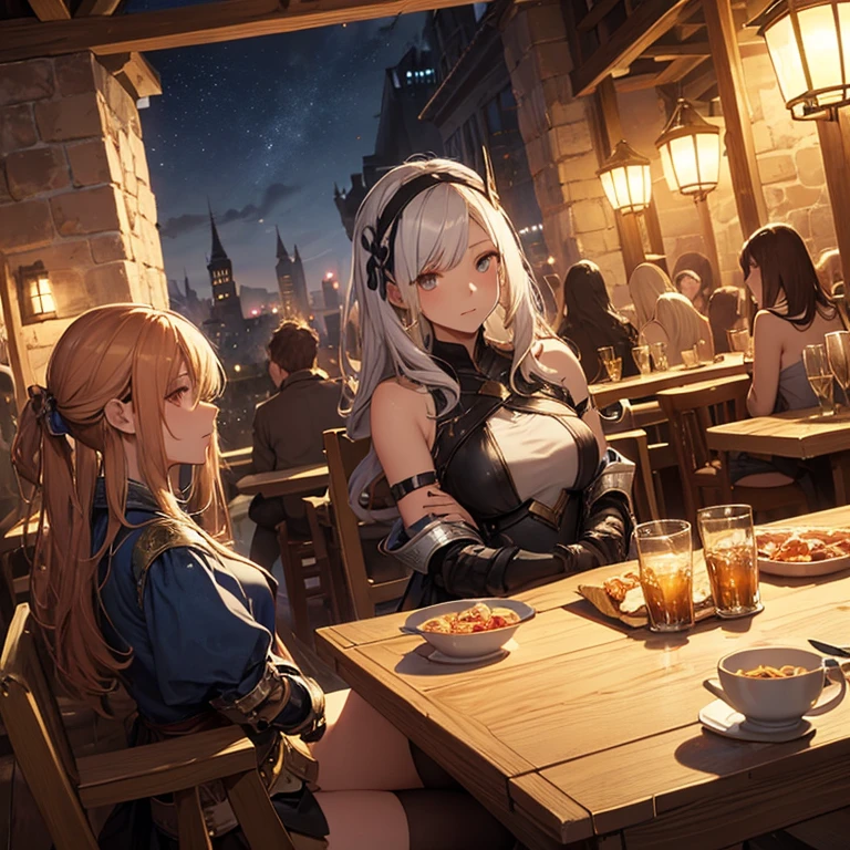 A group of female medieval fantasy adventurers, (in tavern), various hair styles, harem, night, details face, short skirt, seducing, sleeveless, armor
