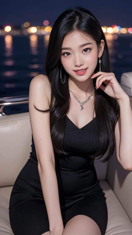  highest quality、8K、High resolution、Korean Idols、Perfect Face、Perfect Style、Perfect fingers、Sunburn、Beautiful straight hair、stylish charm、20-year-old、Baby Face、necklace、Earrings、In a gorgeous black cocktail dress、dinner、On the cruise deck、Night view、whole body、High heels,smile、