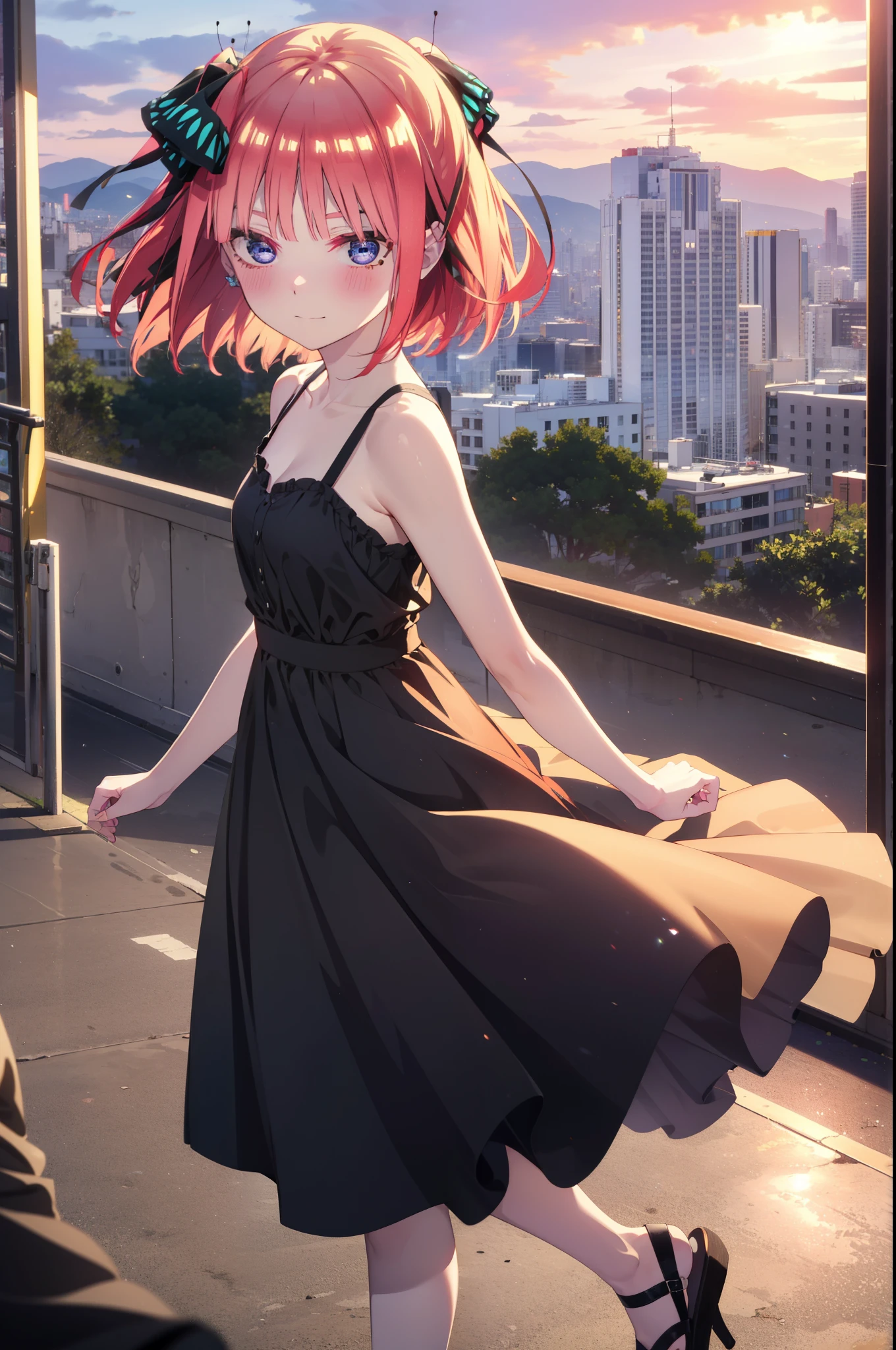 I was silent, nino nakano, short hair, bangs, blue eyes, hair ornaments, Hair Ribbon, Pink Hair, blunt bangs, Both sides up, butterfly hair ornaments,smile,Sleeveless black dress,Bare arms,black long skirt,Cute heeled sandals,sunset,evening,The sun goes down,My hair is blowing in the wind,whole bodyがイラストに入るように,Looking down from above,walk,
break outdoors, city,海岸通り
break looking at viewer, whole body,
break (masterpiece:1.2), highest quality, High resolution, unity 8k wallpaper, (shape:0.8), (Beautiful details:1.6), Highly detailed face, Perfect lighting, Highly detailed CG, (Perfect hands, Perfect Anatomy),