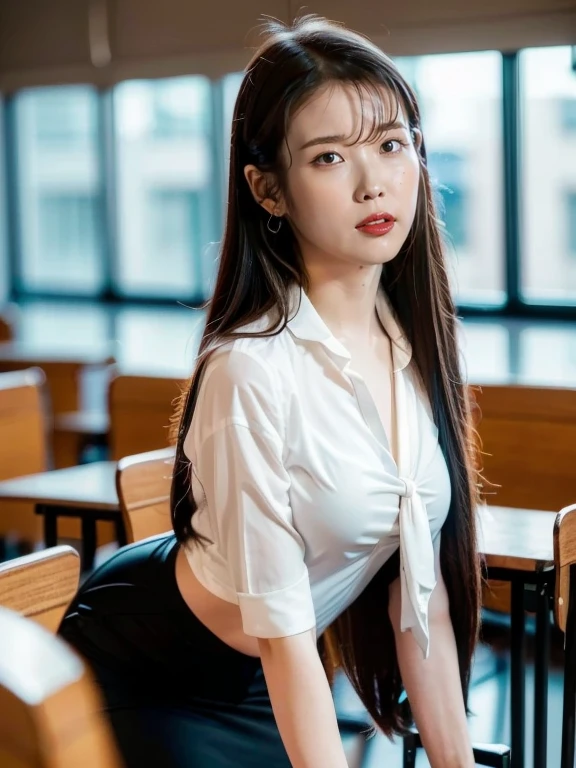 (tmasterpiece, Best quality: 1.2), Lee Ji Eun (IU),(The face is very delicate, Authentic images, Realistic skin, Realistic body, Complicated details), red eyes (Threatening expression), light blush, small perky breasts, hyperrealistic, cinematic photo, girl, pale skin, Korean amazing slim body, ((White cropped blouse with tie)), black velvet trousers, black shoes, long brown hair, holding a candle, perfect slender legs, wide hips, perfect hands, beautiful face, perfect face, youthful, (blured background), modern style, from below, (low-angle shoot), low_angle_human, towering, (full body shot), standing, underneath shot, (view viewer), looking at viewer,(8k, epic composition, photorealistic, sharp focus), detailed background, ((empty classroom)), (a summoning circle glowing), DSLR, foil grain, window light, Lee Ji Eun (NSFW: 1.5)
