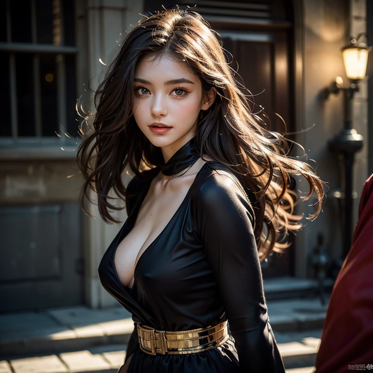 a beautiful russian woman in her 20s, light brown hair, fine white skin, attractive face, tight waist, smiling kindly, active posing, detailed eyes, beautiful detailed nose, beautiful detailed lips, long eyelashes, perfectly balanced body, (best quality,8k,masterpiece:1.2),ultra-detailed,(realistic,photorealistic,photo-realistic:1.37),HDR,UHD,studio lighting,ultra-fine painting,sharp focus,physically-based rendering,extreme detail description,professional,vivid colors,bokeh,portrait,seductive gaze, black clothes,(((combat readiness))),defeat the enemy,Jump to dodge attacks,Yol Forger costume,Yol Folger black dress、Her hair is roughly tied back.