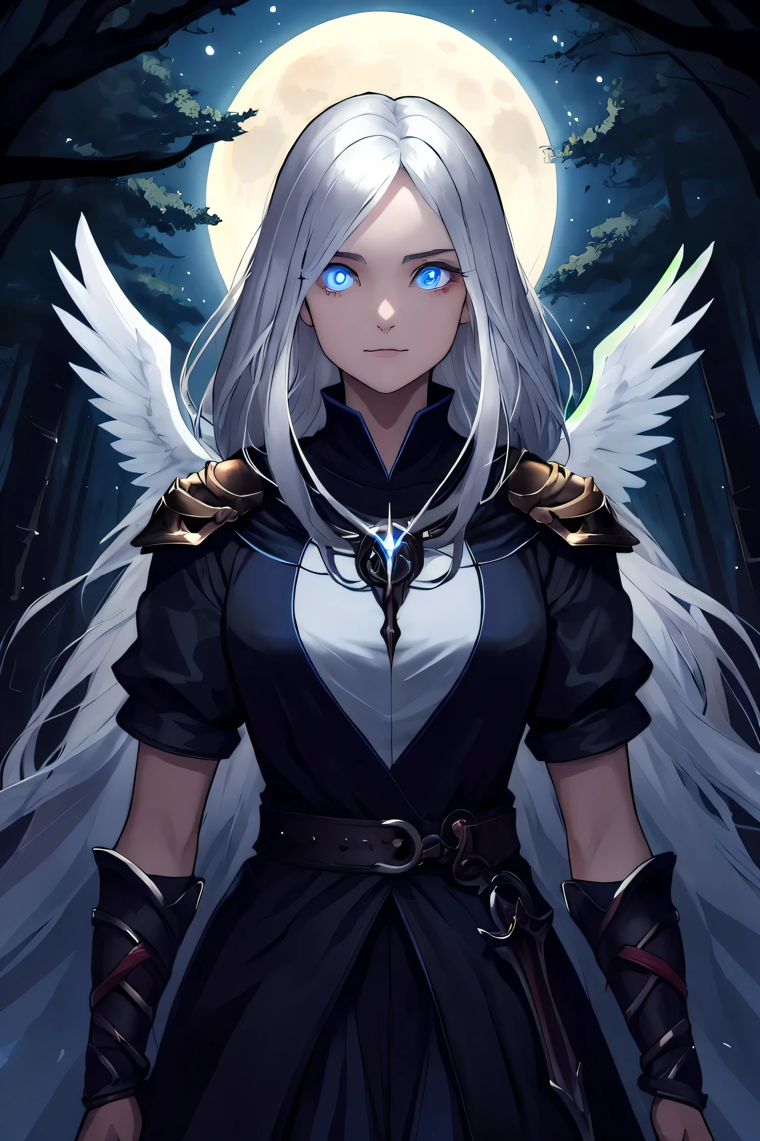 masterpiece ,best quality, Aasimar, twilight cleric, silver hair, blue eyes, glowing eyes, moonlit forest, female