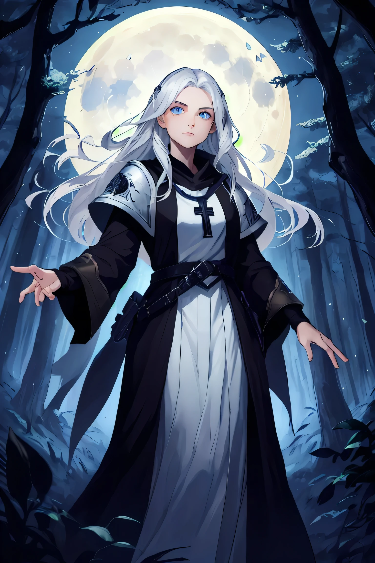 masterpiece ,best quality, Aasimar, twilight cleric, silver hair, blue eyes, glowing eyes, moonlit forest, female