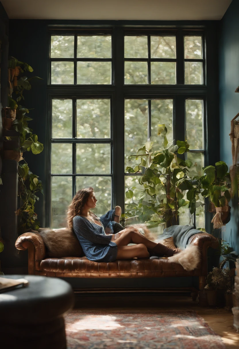 A cozy and inviting picture of a young woman sitting on a blue couch, her long wavy brown hair framing her face. She dons only a denim men's longsleeved dress shirt, revealing a hint of her toned leg. The well-lit room in the background boasts a large window, allowing sunshine to stream in and accentuate the warmth of the atmosphere. A shelf behind her holds various decorative elements, including a potted plant and other eclectic items, adding to the room's charm and personality., photo