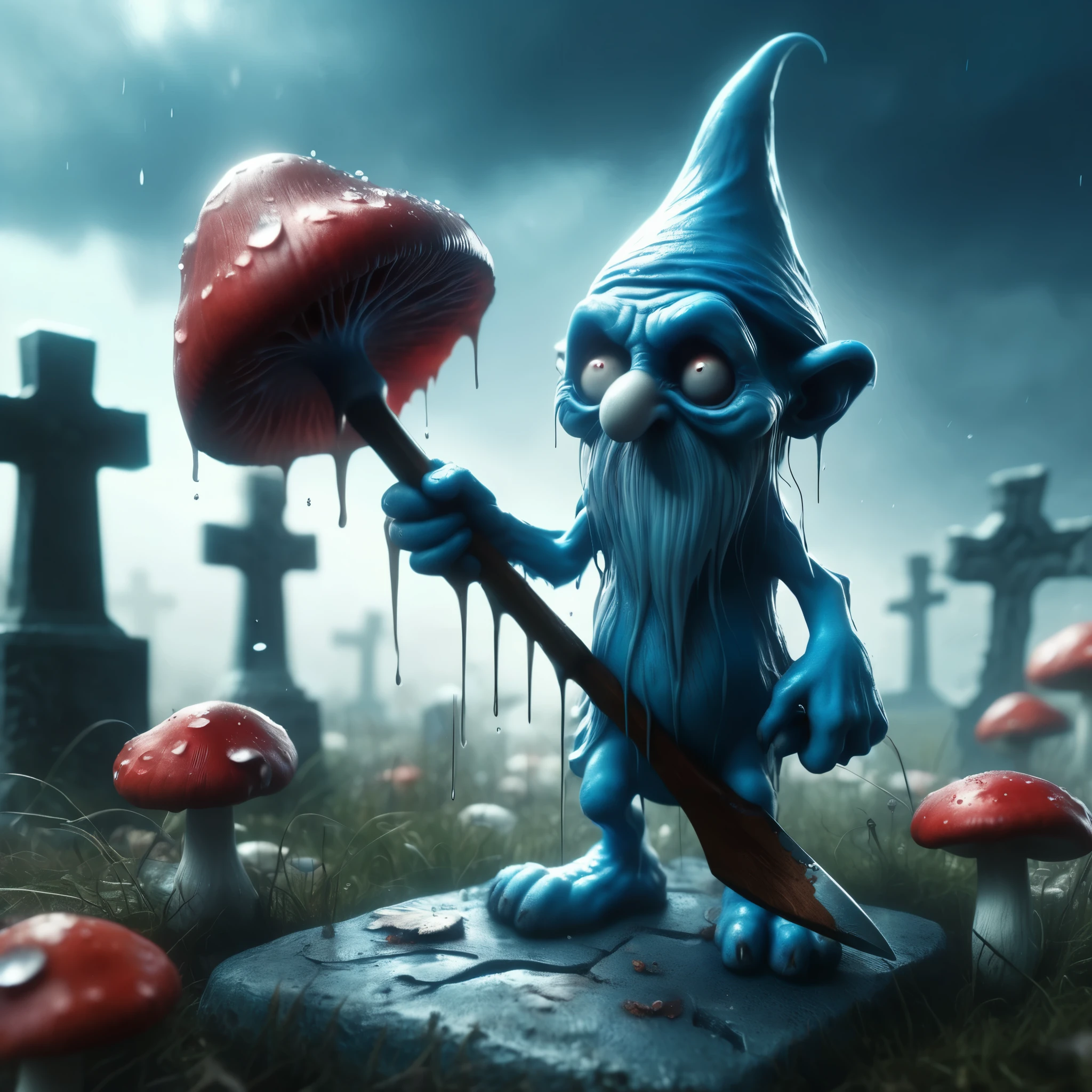 a cartoon smurf holding an ax in a graveyard, blue and red color scheme, splash screen art, realistic horror, mushroom, app, with lots of scumbling, from hearthstone, blue body paint, official render, gangster, dating app icon, necrosis, mana, poppy, basil gogos, murderous, (complementary colors:1.2), (sharp focus:1.1), (Unreal Engine 5:1.2), (CGI:1.2), (high quality:1.2), (4K:1.1), (volumetric lighting:1.2), (highly detailed:1.3), (bloom:1.1), (micro details:1.2), (masterpiece:1.3), (luminescent:1.1), (aesthetic:1.3), (beautiful:1.3), (HDR:1.2), (dynamic composition:1.2), (captivating atmosphere:1.2), (immersive experience:1.3), (innovative design:1.2), (cinematic excellence:1.3), (timeless elegance:1.1), (visual storytelling:1.2), (technological marvel:1.2), (artistic finesse:1.3), (ethereal beauty:1.1), (creative brilliance:1.2)