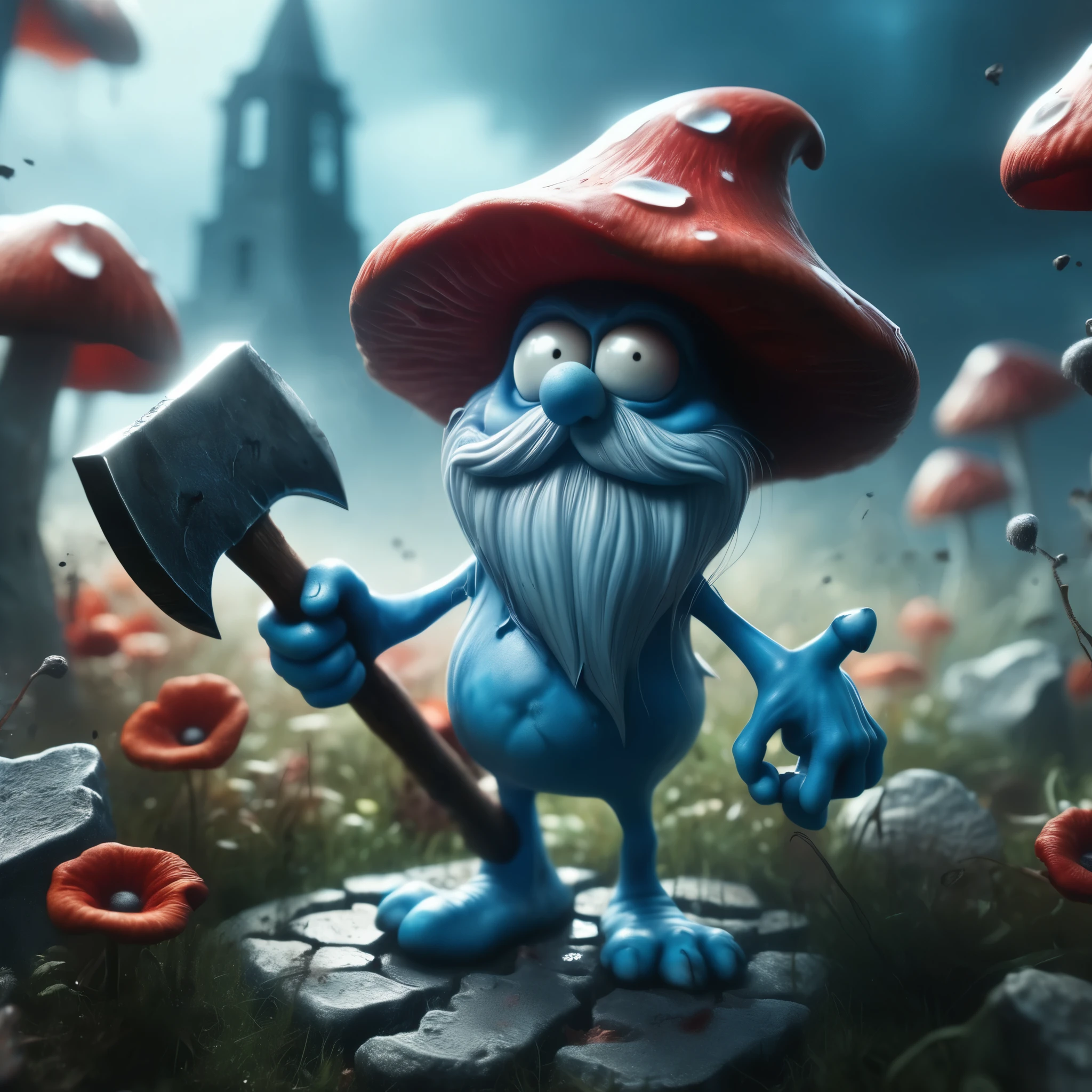 a cartoon smurf holding an ax in a graveyard, blue and red color scheme, splash screen art, realistic horror, mushroom, app, with lots of scumbling, from hearthstone, blue body paint, official render, gangster, dating app icon, necrosis, mana, poppy, basil gogos, murderous, (complementary colors:1.2), (sharp focus:1.1), (Unreal Engine 5:1.2), (CGI:1.2), (high quality:1.2), (4K:1.1), (volumetric lighting:1.2), (highly detailed:1.3), (bloom:1.1), (micro details:1.2), (masterpiece:1.3), (luminescent:1.1), (aesthetic:1.3), (beautiful:1.3), (HDR:1.2), (dynamic composition:1.2), (captivating atmosphere:1.2), (immersive experience:1.3), (innovative design:1.2), (cinematic excellence:1.3), (timeless elegance:1.1), (visual storytelling:1.2), (technological marvel:1.2), (artistic finesse:1.3), (ethereal beauty:1.1), (creative brilliance:1.2)