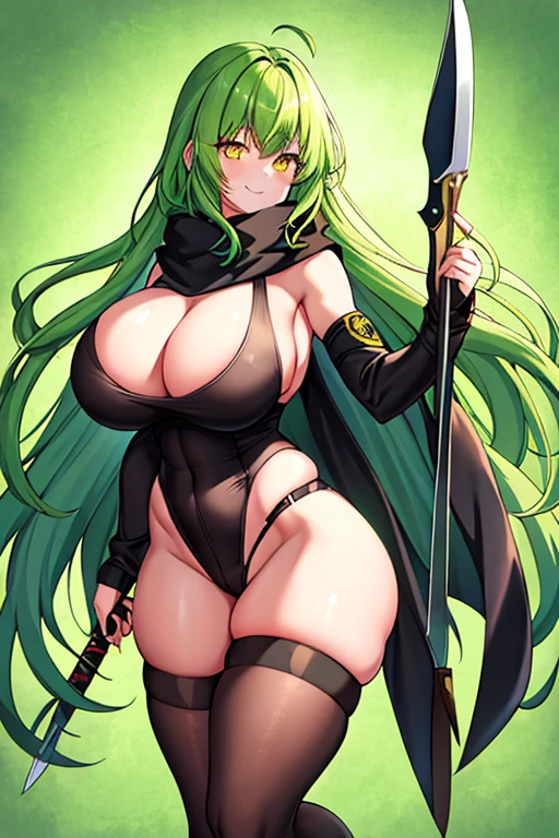1girl, green hair, long hair, yellow eyes, light smile, glowing eyes, large breasts, thick thighs, athletic female, toned, leotard, black leotard, thighhighs, arm strap, thigh strap, black thighhighs, belt, knife, pantyhose, black pantyhose, ninja, kunoichi, scarf, robe, cape, spear