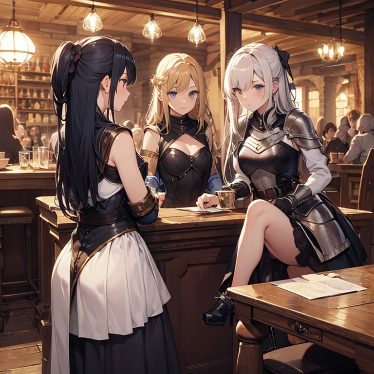 A group of female medieval fantasy adventurers, (in tavern), various hair styles, harem, night, details face, short skirt, seducing, sleeveless, armor