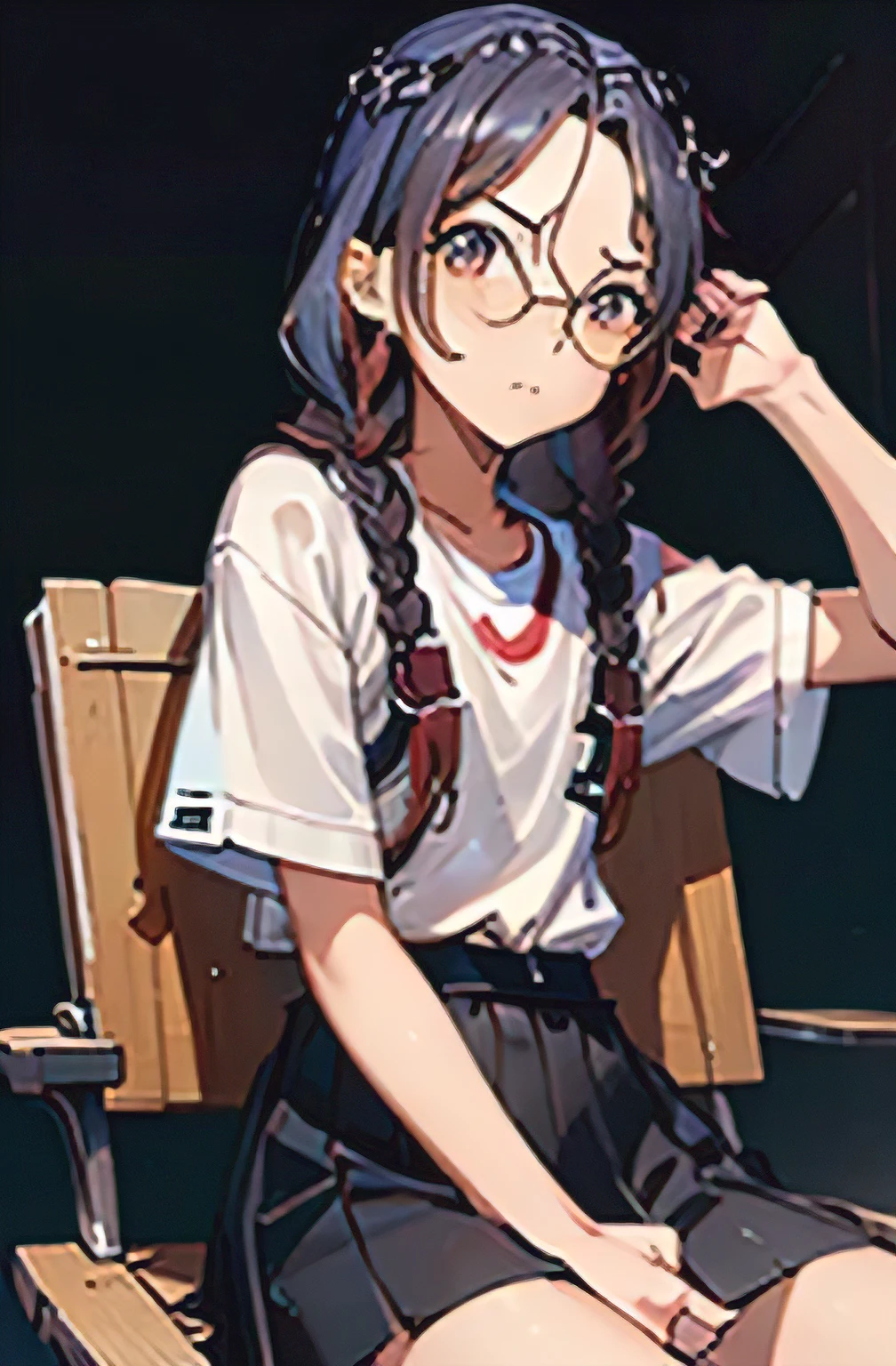 ((( character : ager : Tzuyu : nerd : fit body : braided hair : glasses : : sitting )))
