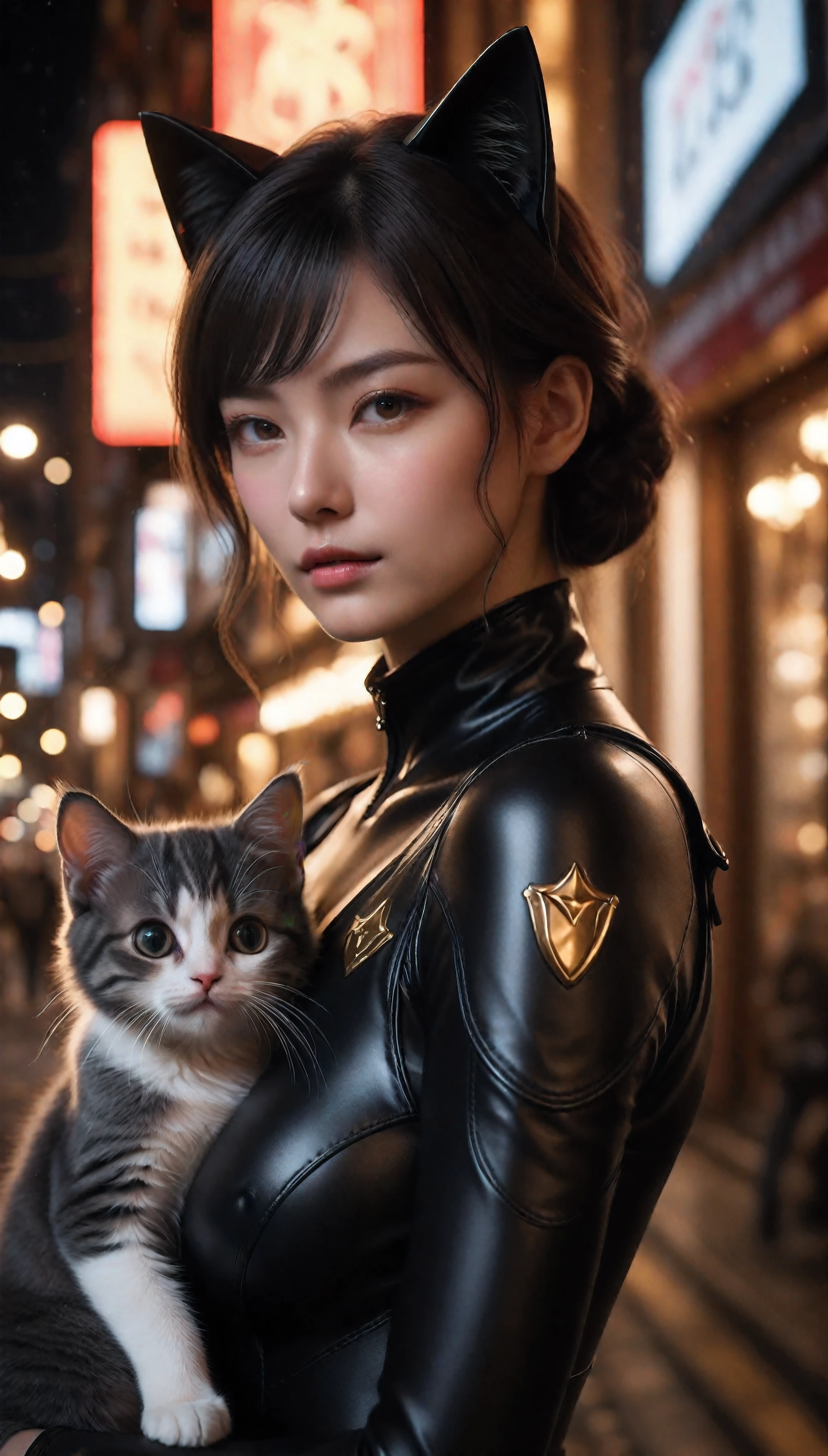 ((Masterpiece in maximum 16K resolution):1.6),((soft_color_photograpy:)1.5), ((Ultra-Detailed):1.4),((Movie-like still images and dynamic angles):1.3). | ((cinematic photo of beautiful female with her cute cat):1.2), ((Beautiful female in cat suit costume):1.1), ((cute cat with clothes):1.5), ((focus on the cat):1.3), (cinematic lens), (luminous object), (tyndall effect), (happy atmosphere), (shimmer), (aesthetic Costume accesories), (visual experience),(Realism), (Realistic),award-winning graphics, dark shot, film grain, extremely detailed, Digital Art, rtx, Unreal Engine, scene concept anti glare effect, All captured with sharp focus. | Rendered in ultra-high definition with UHD and retina quality, this masterpiece ensures anatomical correctness and textured skin with super detail. With a focus on high quality and accuracy, this award-winning portrayal captures every nuance in stunning 16k resolution, immersing viewers in its lifelike depiction. | ((perfect_composition, perfect_design, perfect_layout, perfect_detail, ultra_detailed)), ((enhance_all, fix_everything)), More Detail, Enhance.