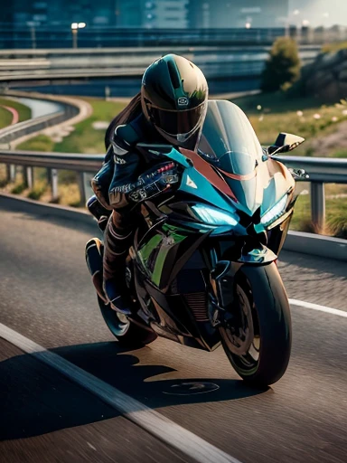 best quality, detailed, beautiful, insanely detailed, absurdres,perfect anatomy, Two racer replica KAWASAKI motorcycles speeding down the highway, (motion blur:1.2), Japanese female,black hair,27 years old, (slender), (small breasts),(super fucking beautiful),