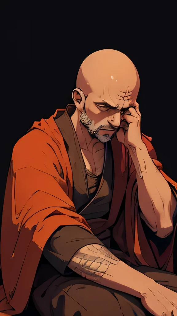 OLD monk in simple and poor brown monk's robe, bald, sad and crying