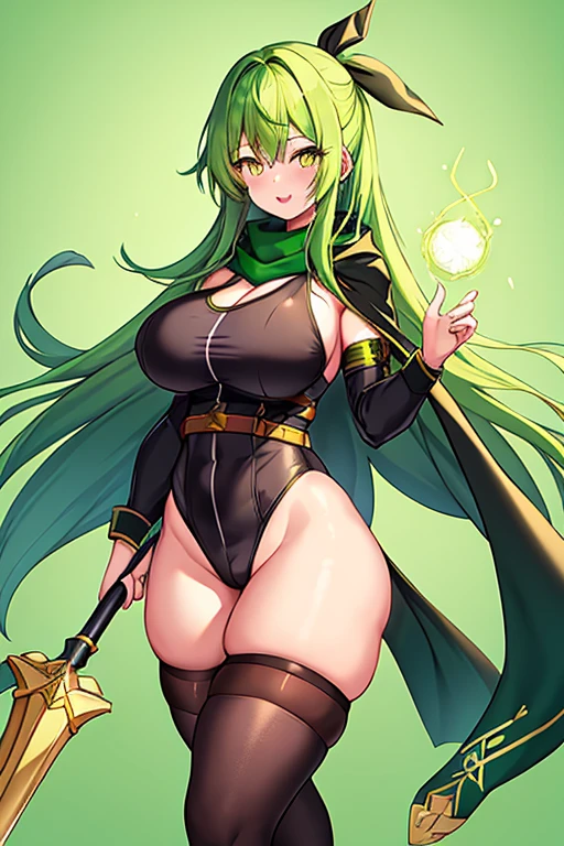 1girl, green hair, long hair, yellow eyes, light smile, glowing eyes, large breasts, thick thighs, athletic female, toned, leotard, black leotard, thighhighs, arm strap, thigh strap, black thighhighs, belt, ninja, scarf, robe, cape, spear