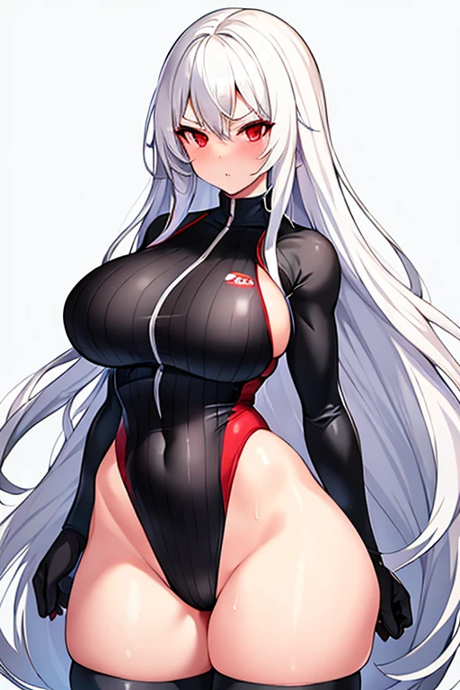 1girl, white hair, long hair, red eyes, serious, glowing eyes, large breasts, thick thighs, mature female, athletic female, toned, one-piece swimsuit, competition swimsuit, long sleeves, sleeves, gloves, black one-piece swimsuit, thighhighs, wet