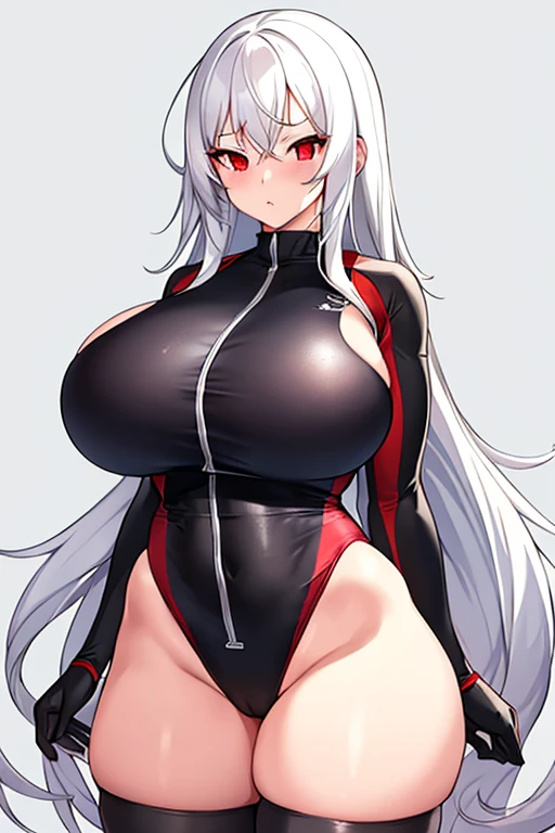 1girl, white hair, long hair, red eyes, serious, glowing eyes, large breasts, thick thighs, mature female, athletic female, toned, one-piece swimsuit, competition swimsuit, long sleeves, sleeves, gloves, black one-piece swimsuit, thighhighs, wet