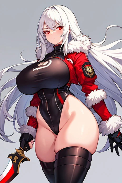 1girl, white hair, long hair, red eyes, serious, glowing eyes, large breasts, thick thighs, mature female, athletic female, toned, leotard, black leotard, knife, fur trim, fur, fur-trimmed jacket