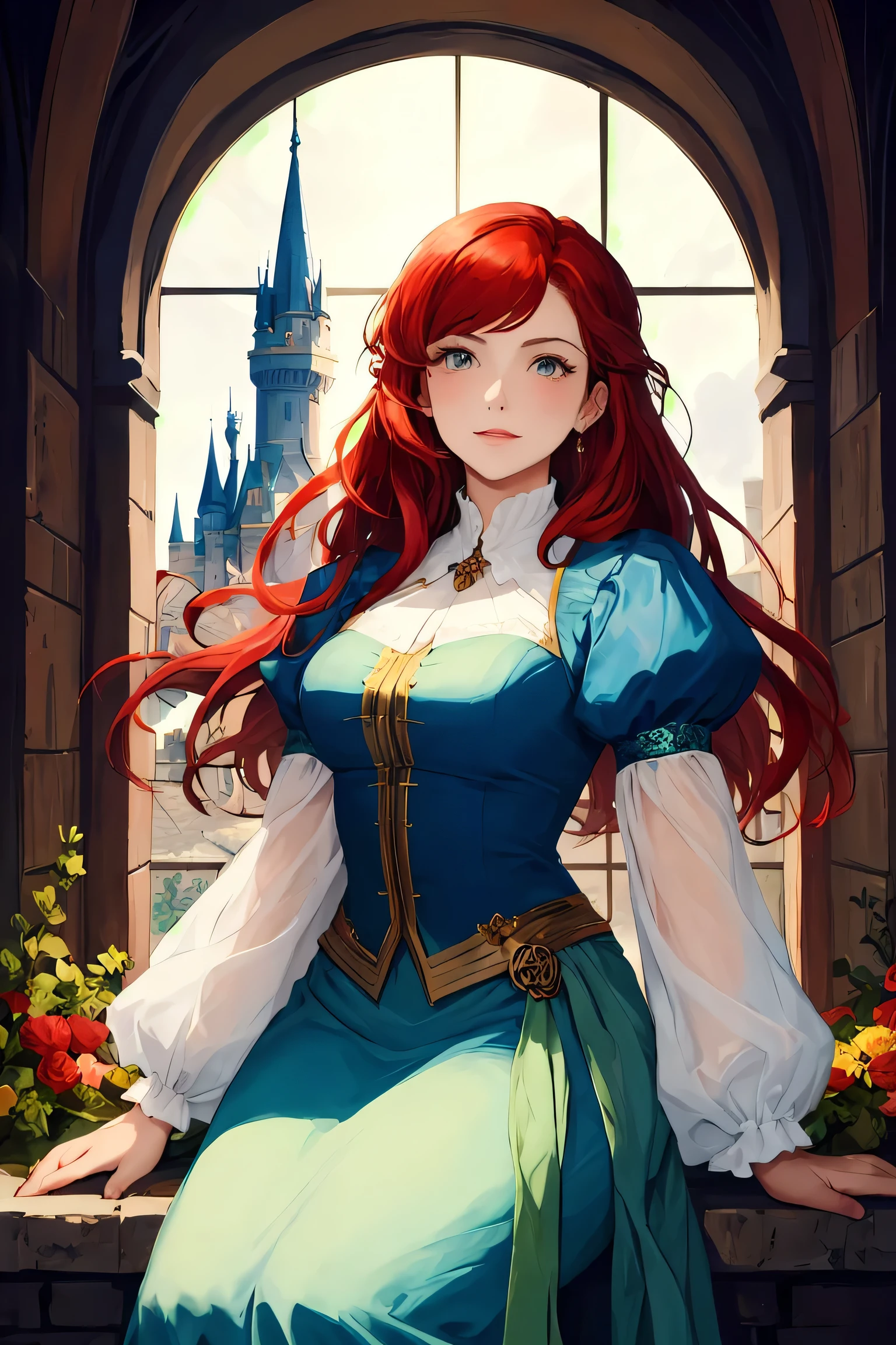 masterpiece ,best quality, Beautiful woman with red hair in an enchanted castle