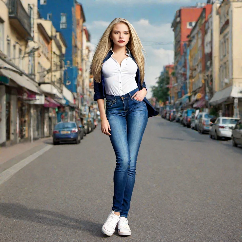 (Meisterwerk, Beste Qualität:1.2), 1 Mädchen, Allein, blonde, Schön, langes Haar, Schön hands, Schön legs, symmetrisches Gesicht, unscharfer Hintergrund, Stadthintergrund, Jeans, weißes Hemd, Brüste, Posieren, Lippen, realistisch