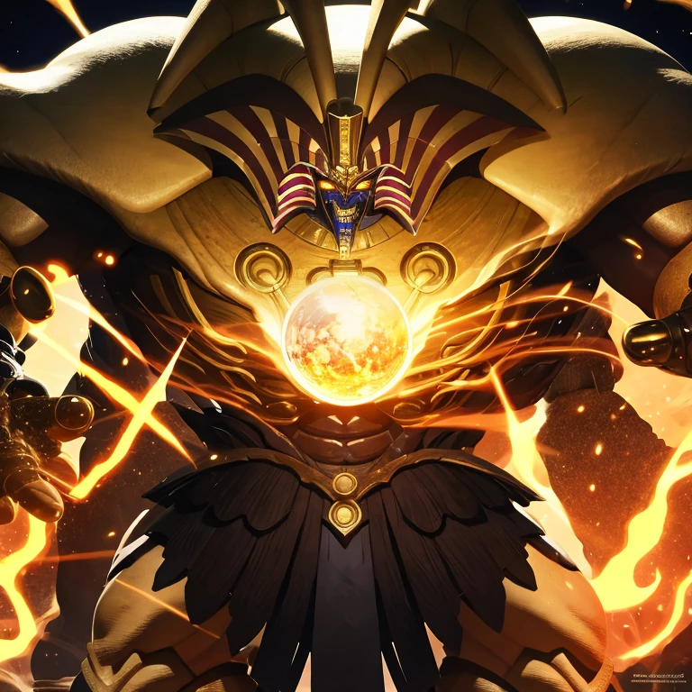 a highly detailed, cinematic, hyper-realistic, 8k masterpiece of Exodia, the legendary Egyptian villain, posing in an angles , edgy, and gigantic stance, creating a powerful lightning orb, with high contrast and an amber color palette, wearing intricate Egyptian gauntlets, full body