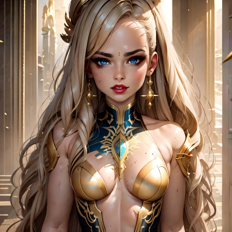 Obra maestra incomparable, CG ultrarrealista de (8k), obra de arte perfecta, ((imagen femenina perfecta)), mujer madura, cintura delgada, seductor, limpio, (hermoso rostro), (chica extremadamente delicada y hermosa) , (8k), {{{obra maestra}} }, 1 chica, pelo rubio, blue eyes, cola de caballo, joyas, labios, labiostick, ancho, constituir, labios, red labios, fondo sencillo, solo, parte superior del cuerpo, (piel brillante),