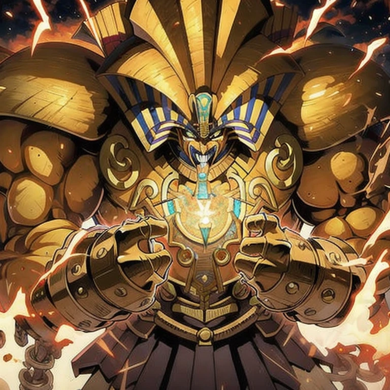 a highly detailed, detailed anime style , biceps and arms , perfect hands , menacing look , cinematic, realistic details , masterpiece, Exodia, the legendary Egyptian villain, bodybuilder , edgy, and gigantic stance, lightning background , high contrast shadow , volumetric light , volumetric shadow , jewel , wearing intricate Egyptian gauntlets, full body