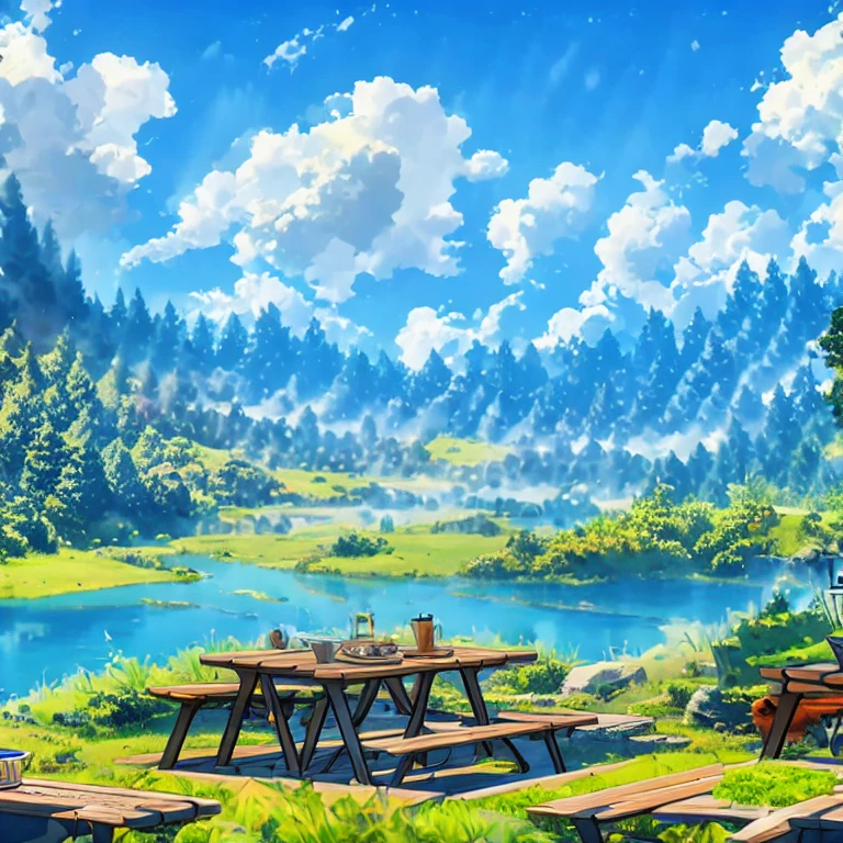 (masterpiece, best quality:1.2), Blue sky, sea, lake, green mountains, green water, trees, tents, wooden tables, wooden houses, countryside, green mountains and clear waters