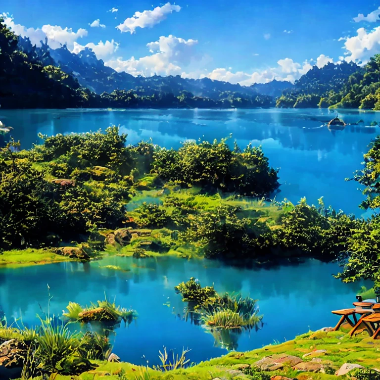 (masterpiece, best quality:1.2), Blue sky, sea, lake, green mountains, green water, trees, tents, wooden tables, wooden houses, countryside, green mountains and clear waters