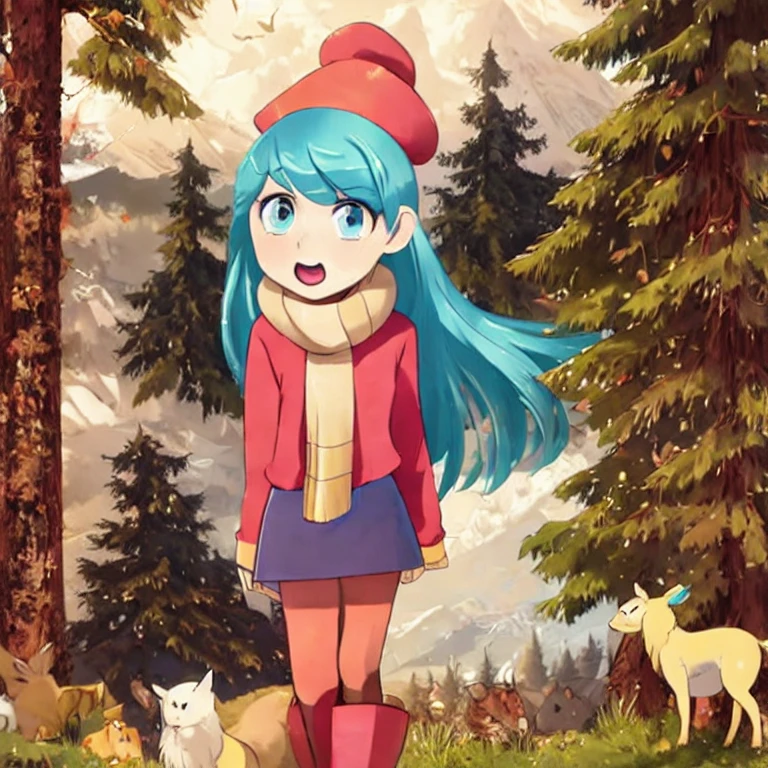 (masterpiece, best quality:1.2), 1girl, solo, long hair, light blue hair, yellow scarf, red sweater, blue skirt, black leggings, red boots, Hilda