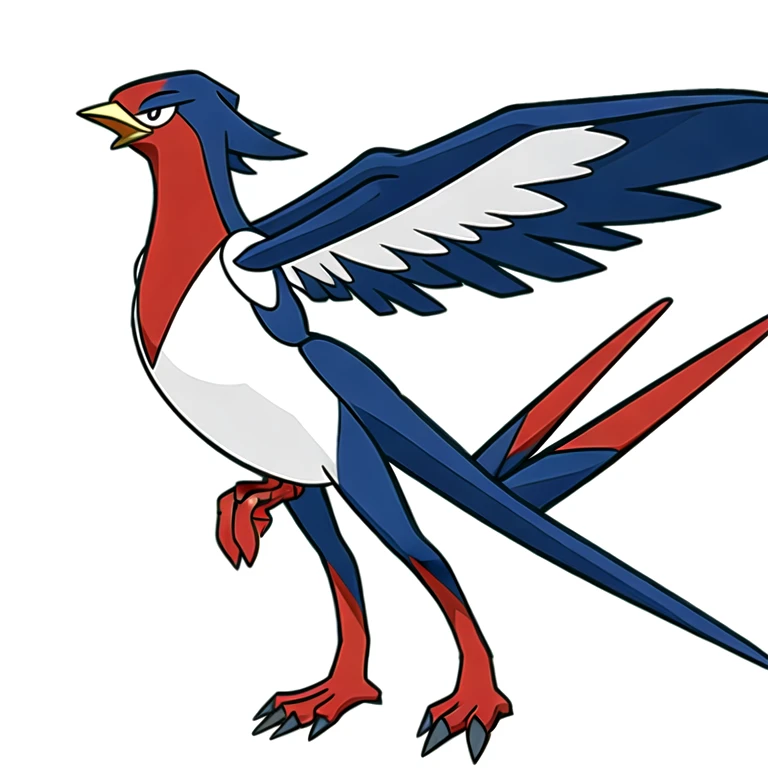 (masterpiece, best quality:1.2),solo,swellow \(pokemon\),pokemon \(creature\),full body,no humans,black eyes,claws,happy,bird,swallow,wings,beak
