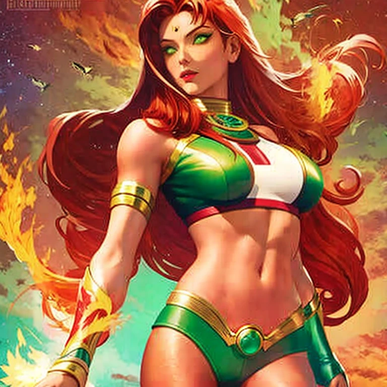 (masterpiece, best quality:1.2), 1girl, solo, colored skin, red hair, very long hair, green eyes, flame, jewelry, crop top, starfire
