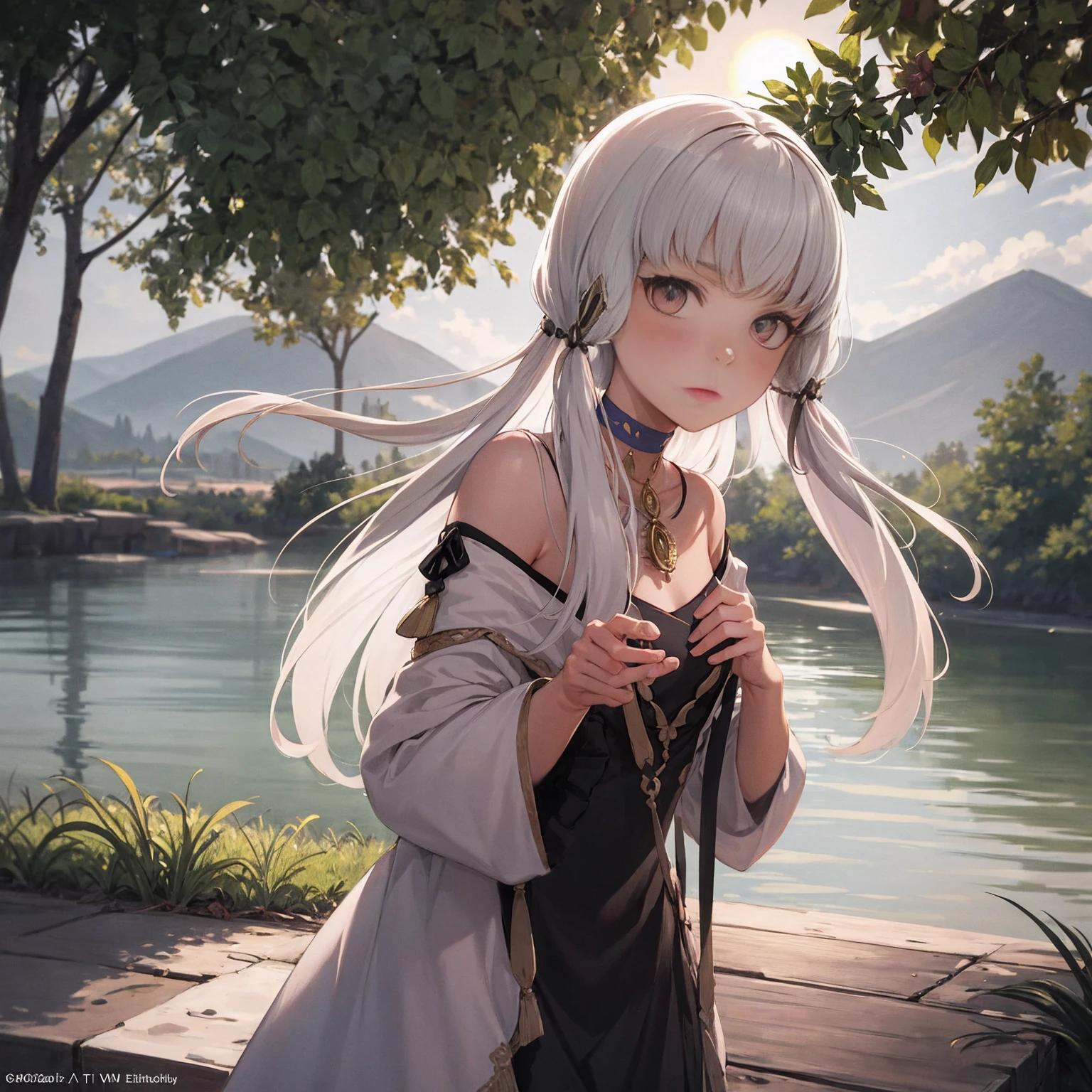 Lysithea von Ordelia is depicted in this artwork as a serene and captivating figure. She is portrayed as a young girl with long, straight hair and mesmerizing eyes. Her hair is styled in low twintails, giving her a unique appearance. The artwork is presented in a monochrome greyscale, with the exception of a few elements. Lysithea is shown in an upper body shot, wearing a flowing dress that adds to her poised posture. Her porcelain skin is accentuated by a subtle blush, giving her a delicate and ethereal look. She is adorned with a crystal pendant, which adds a touch of elegance to her overall appearance. The artwork takes place during the golden hour, as indicated by the warm tones, sun flare, and soft shadows. This lighting technique enhances the vibrant colors, creating a painterly effect that adds to the dreamy atmosphere of the piece. The scene is set against a scenic lake, with distant mountains and a willow tree. The calm water reflects the sunlit clouds, contributing to the peaceful ambiance and idyllic sunset. The level of detail in this official art is remarkable, with every element meticulously rendered. The artwork is presented in unity 8k wallpaper resolution, allowing viewers to appreciate the intricate details. Additionally, the zentangle and mandala elements add a touch of complexity to the overall composition.