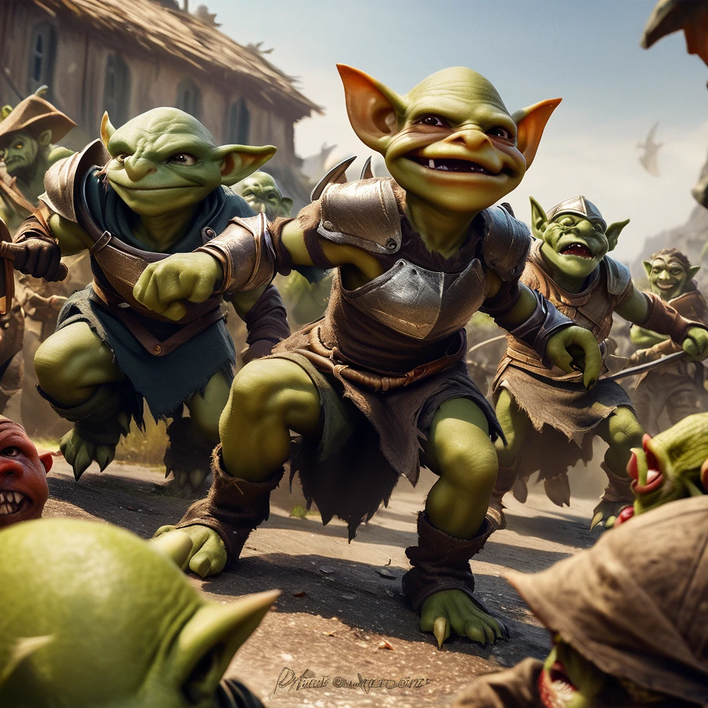 a squad of elite goblins, goblin sized toad, fighter goblin, cleric goblin, wizard goblin, thief goblin, evil goblins, cowardly goblins, garbage heroic armor, high quality, detailed, photo realistic, fantasy art