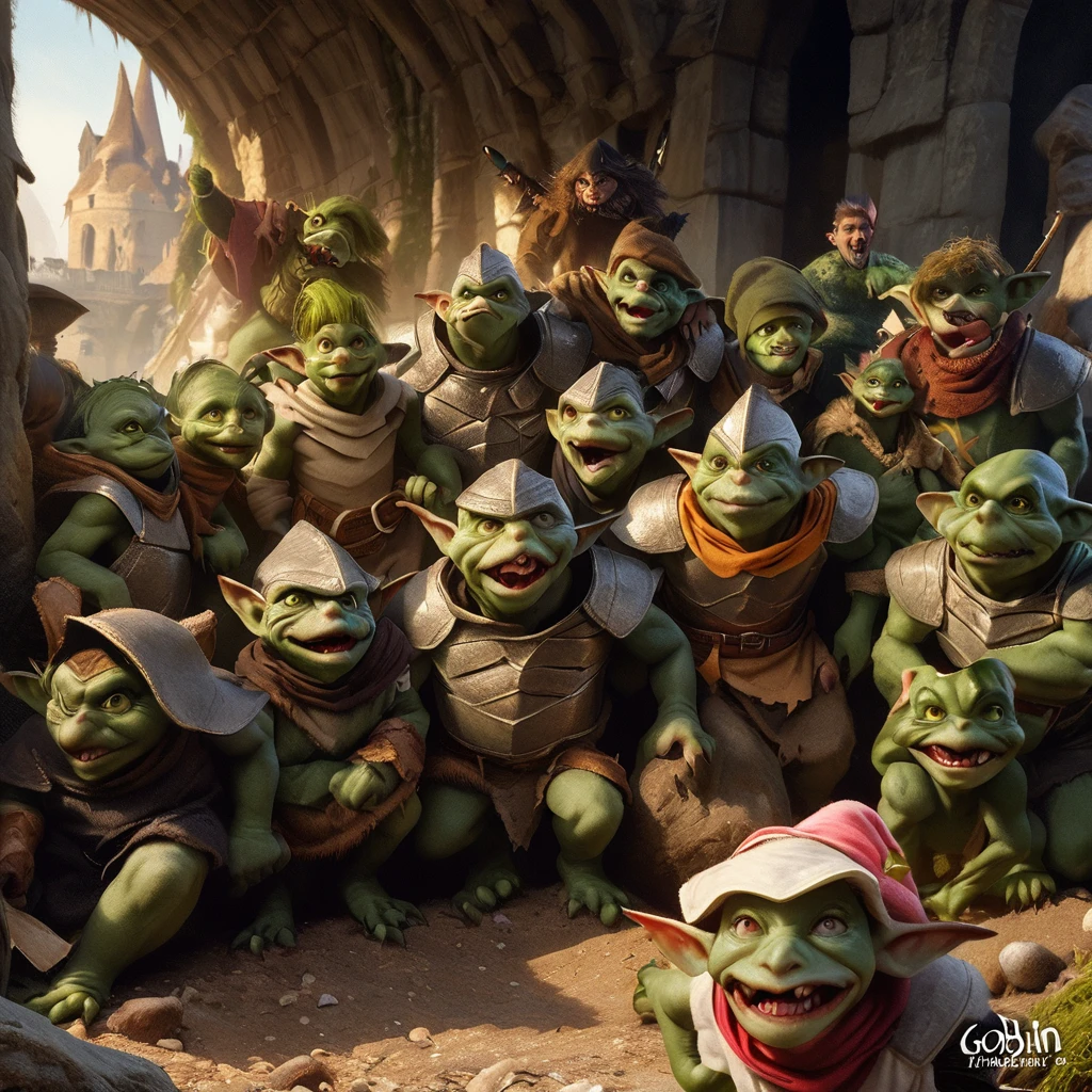 a squad of elite goblins, goblin sized toad, fighter goblin, cleric goblin, wizard goblin, thief goblin, evil goblins, cowardly goblins, garbage heroic armor, high quality, detailed, photo realistic, fantasy art